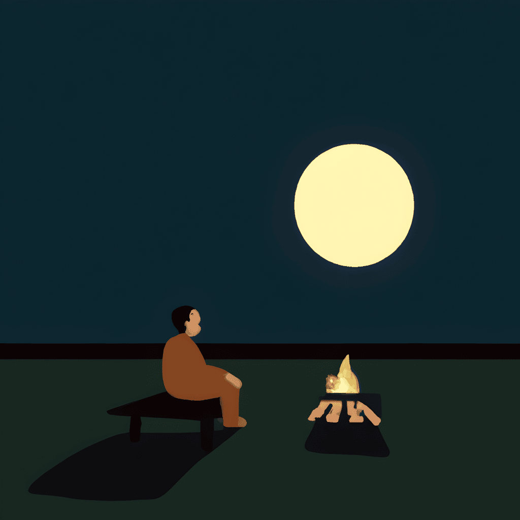 man sitting in garden looking up at the moon with a fire pit or chiminea next to him