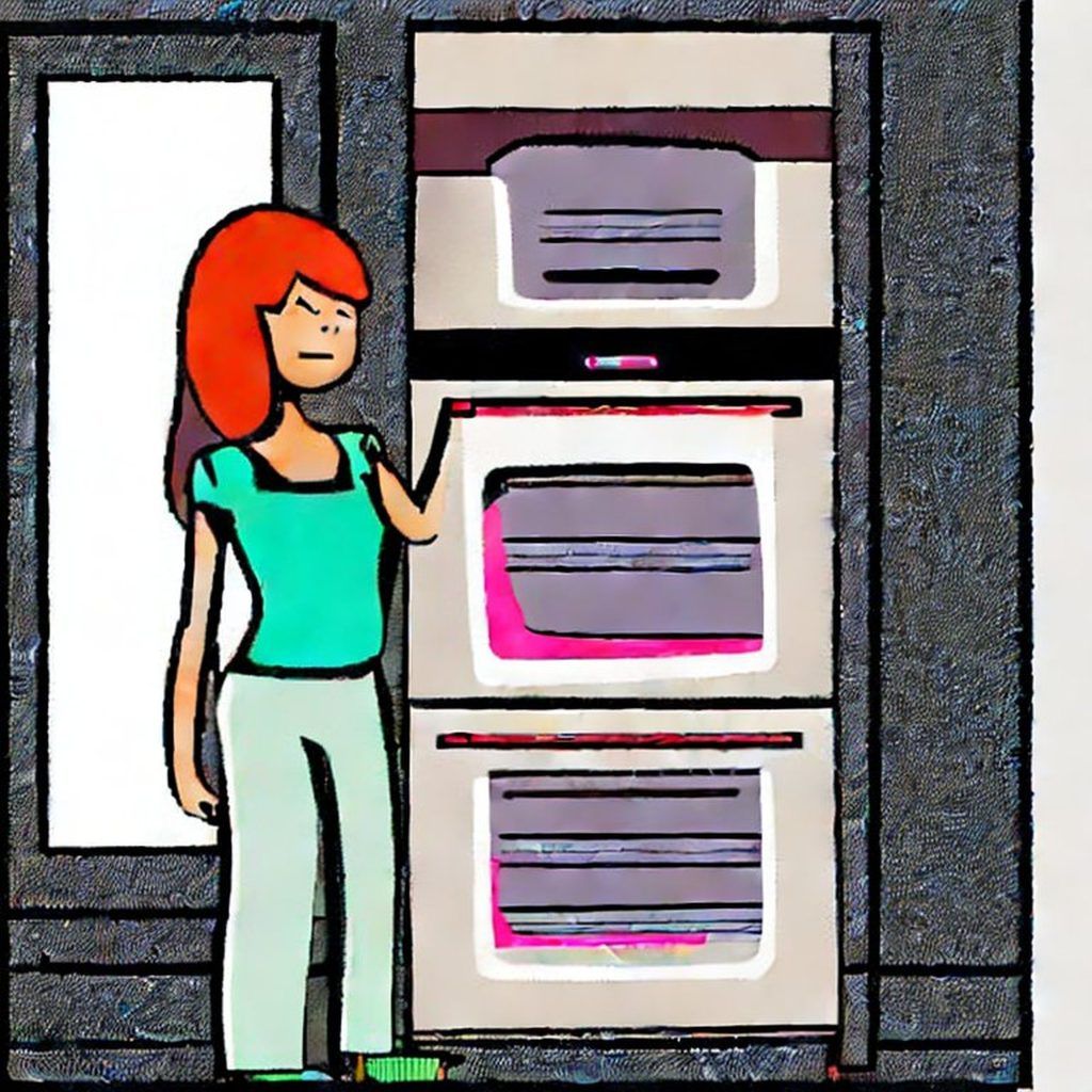 Woman standing beside a double wall oven