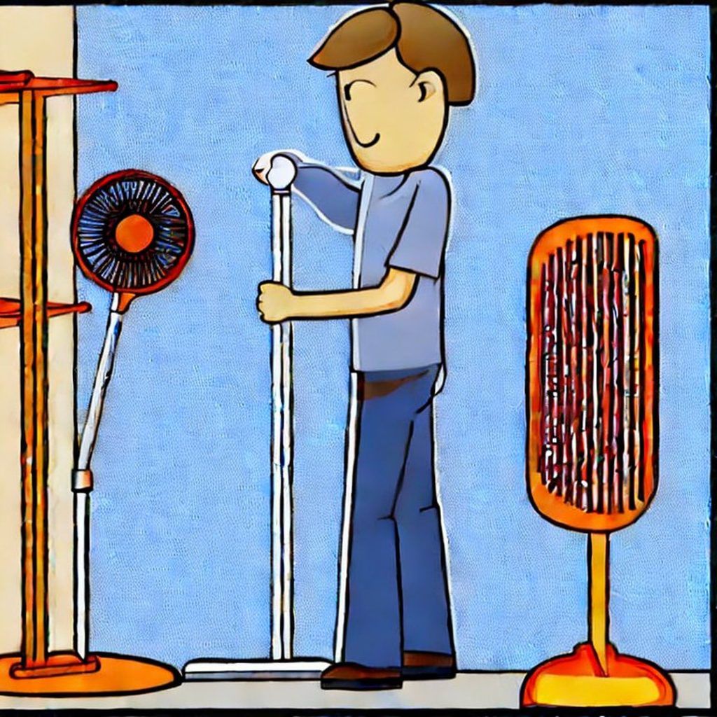 illustration of a man standing beside floor mounted fans
